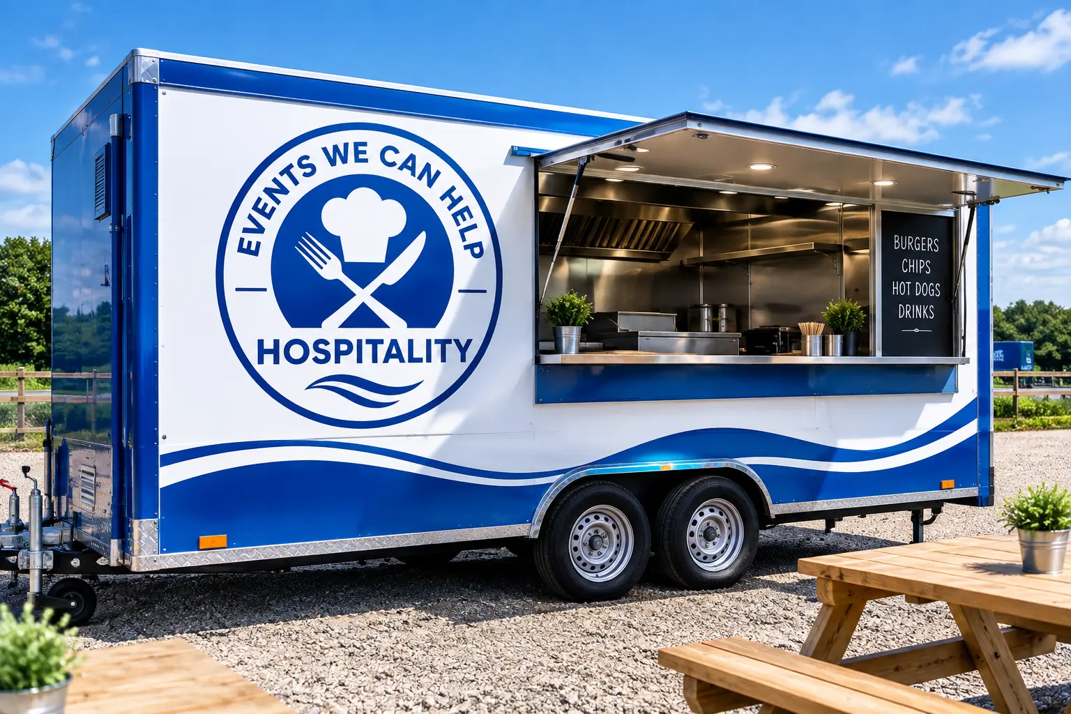 Events We Can Help blue-and-white hospitality trailer